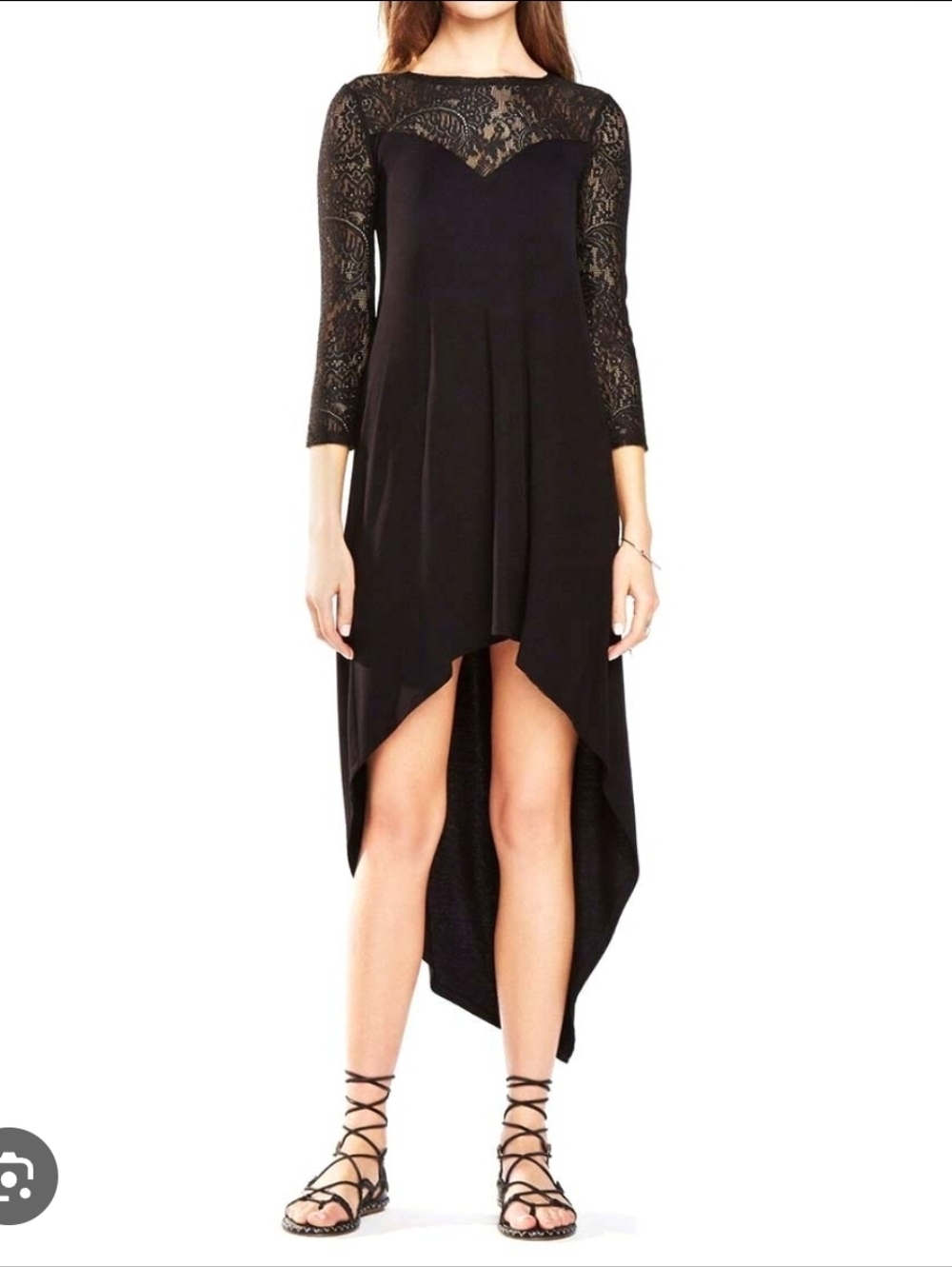 BCBG MAXAZRIA Danyelle Romantic Goth Black Lace Yoke High Low Viscose Dress XS S